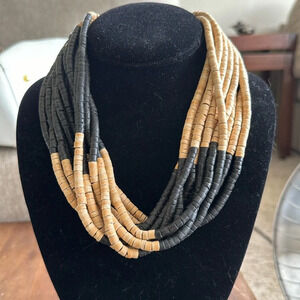 Wood beaded layered necklace very chunky but light weight black and tan color
